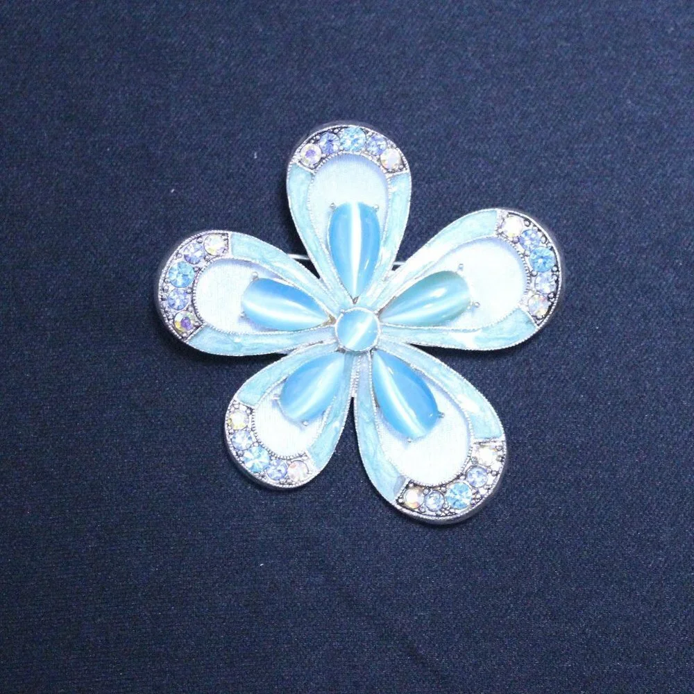 Monet Blue Moonstone & Rhinestone Flower Brooch